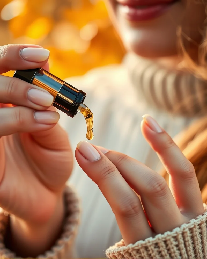 Fall Themed Nails Simple 7 Close up of woman applying cuticle oil for healthy nail care during fall season