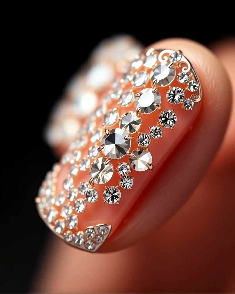Professional full bling nail manicure featuring symmetrical crystal mapping and a sophisticated monochromatic color palette.