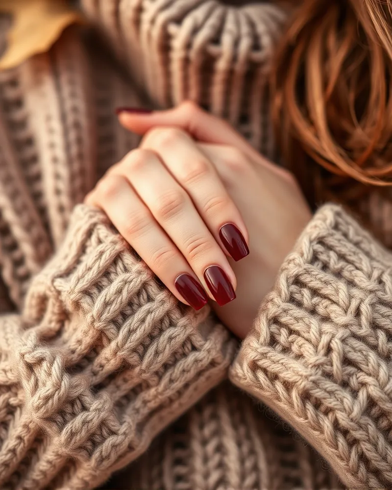 Fall Gel Nails 7 Close up of healthy, hydrated nails with deep autumn gel polish during fall.