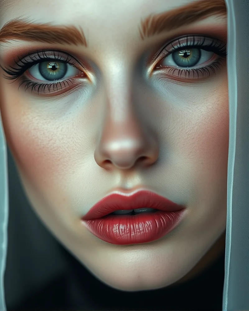 Close-up portrait of model showcasing ghostly porcelain makeup with muted mauve eyeshadow, frosted silver accents, and bitten berry lip stain.