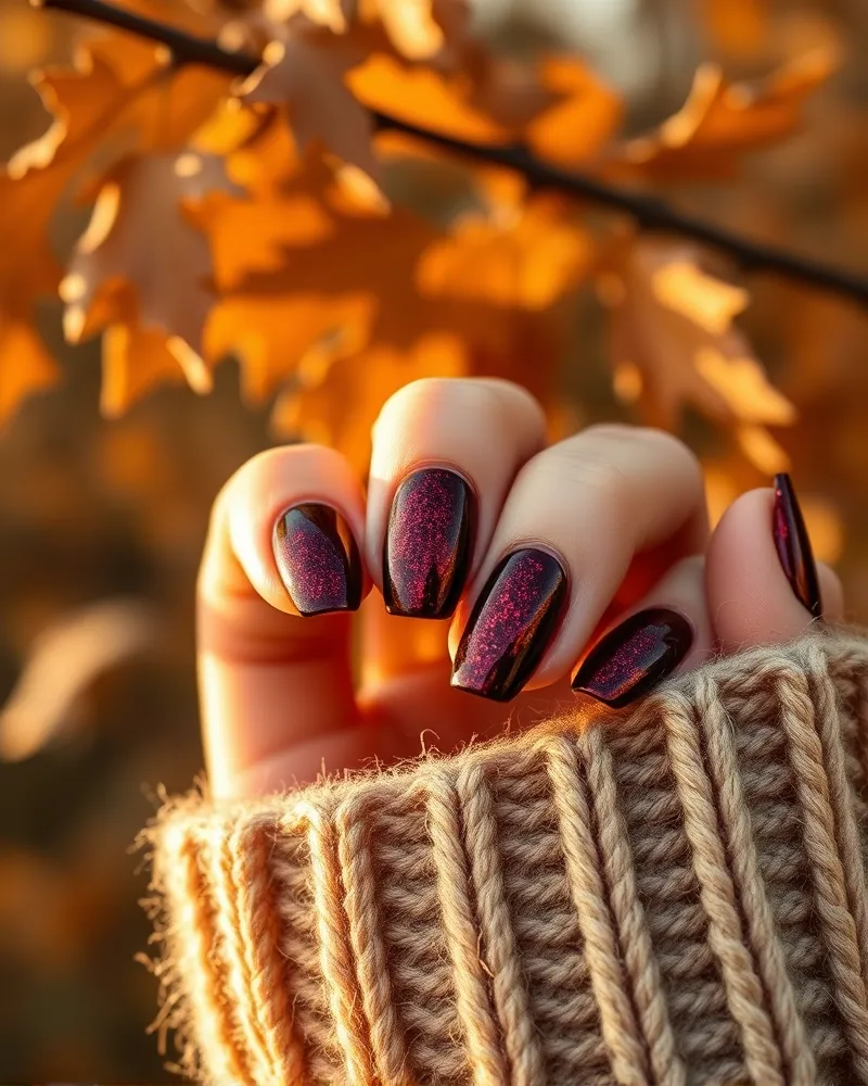 Classy Fall Nails 7 Close-up of oxblood velvet cat-eye magnetic nails reflecting soft autumn golden hour light, displaying a high-end luxury manicure finish.