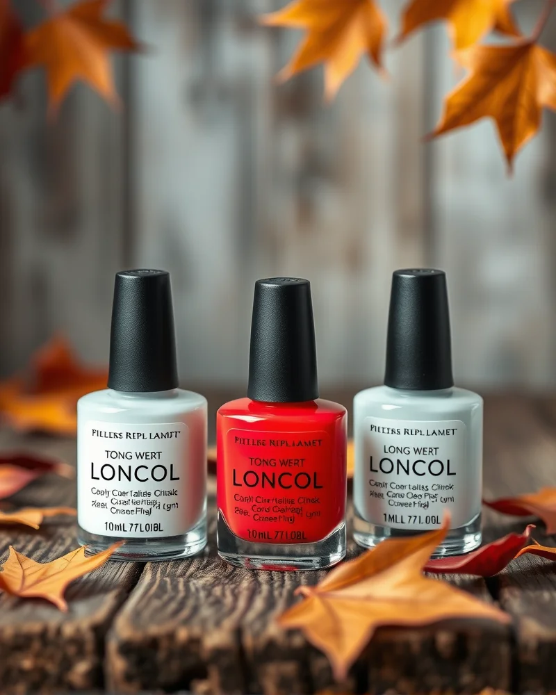 Cute Nails for Fall 7 High-quality long-wear top coats for autumn nail care displayed on a wooden surface.