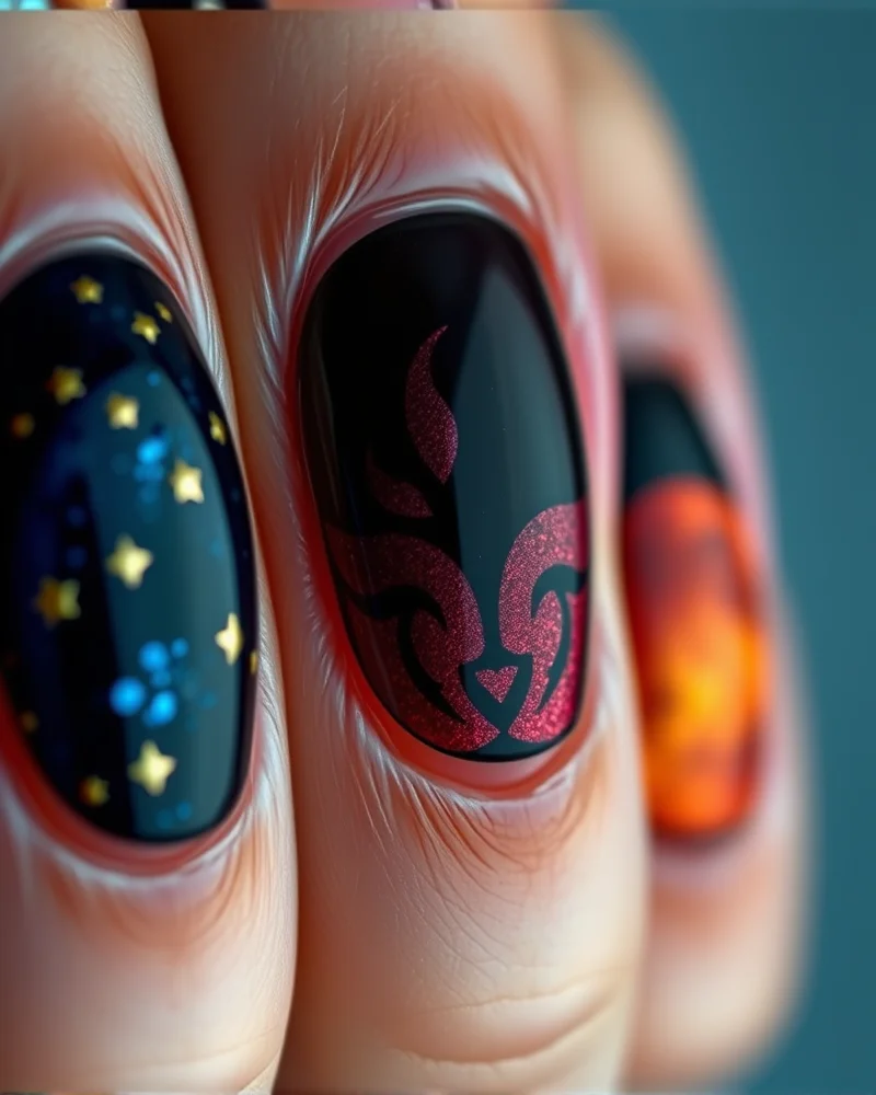 Fall Aura Nails 8 Close-up view of seasonal fall aura nail art featuring celestial stars, spooky black gradient, and harvest moon terracotta tones.