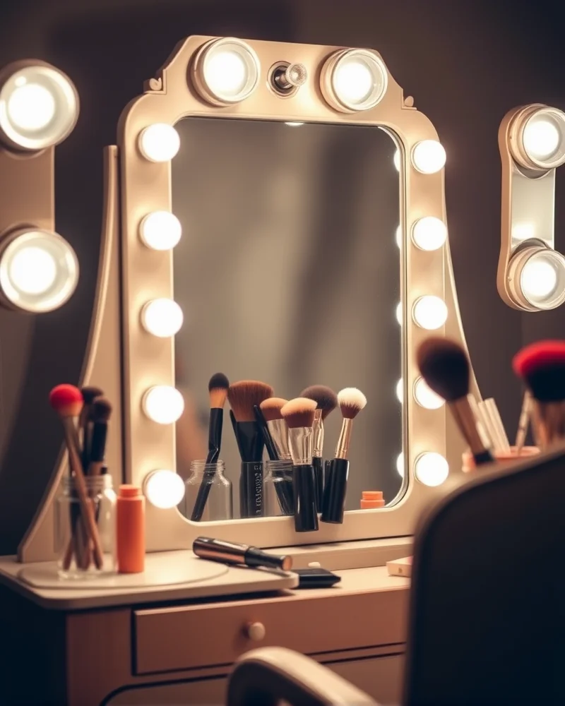 Dolly Parton Makeup 8 Professional makeup vanity setup with bright lighting for achieving a Dolly Parton inspired beauty look