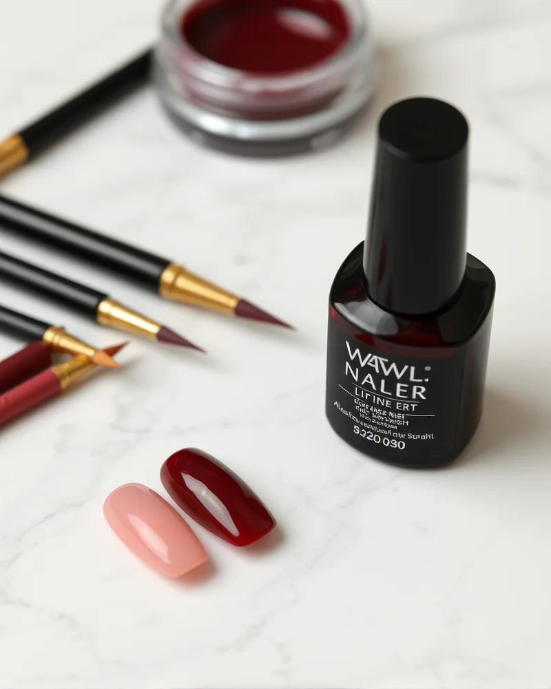 Professional DIY nail art kit tools including liner brushes and gel polishes for fall almond nail designs.