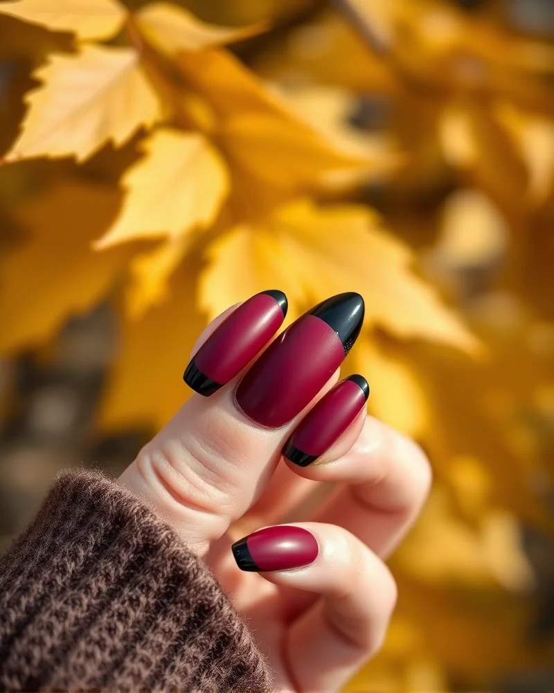 Close up of an almond shaped French manicure featuring a matte burgundy base and a high gloss black tip to demonstrate the luxury matte versus gloss nail trend for autumn.