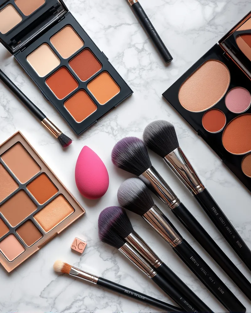 Professional makeup brushes and beauty sponges laid out for creating the perfect Pumpkin Spice Latte makeup look.