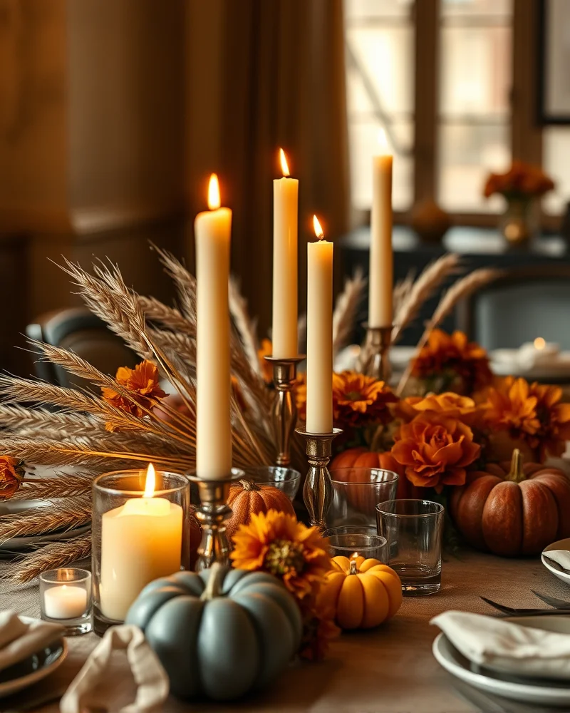 A luxurious fall table centerpiece featuring a variety of taper candles and votives with autumn florals and seasonal decor for a cozy dining atmosphere.
