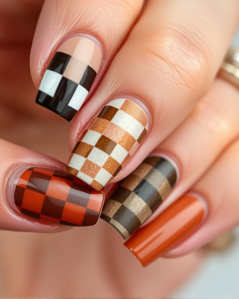Fall Checkered Nails 6 Close-up of popular fall checkered nail art variations including French tips, gradients, and mixed-media designs.