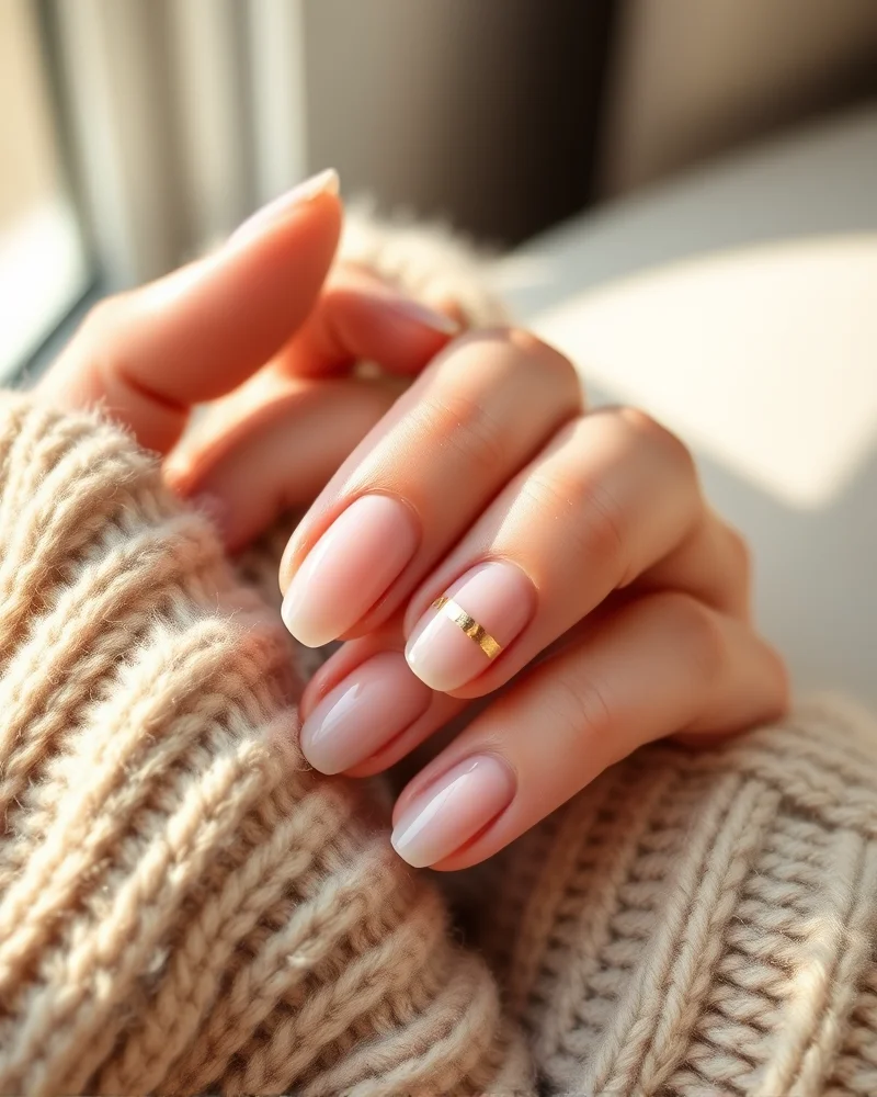Fall Nails September 8 Close up of minimalist nail art featuring sheer nude polish with subtle gold line accents, perfect for a quiet luxury fall manicure.