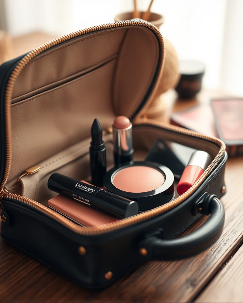 A teen makeup bag containing essential beauty products like liquid eyeliner, cream blush, and lip stain for quick day to night makeup transitions.