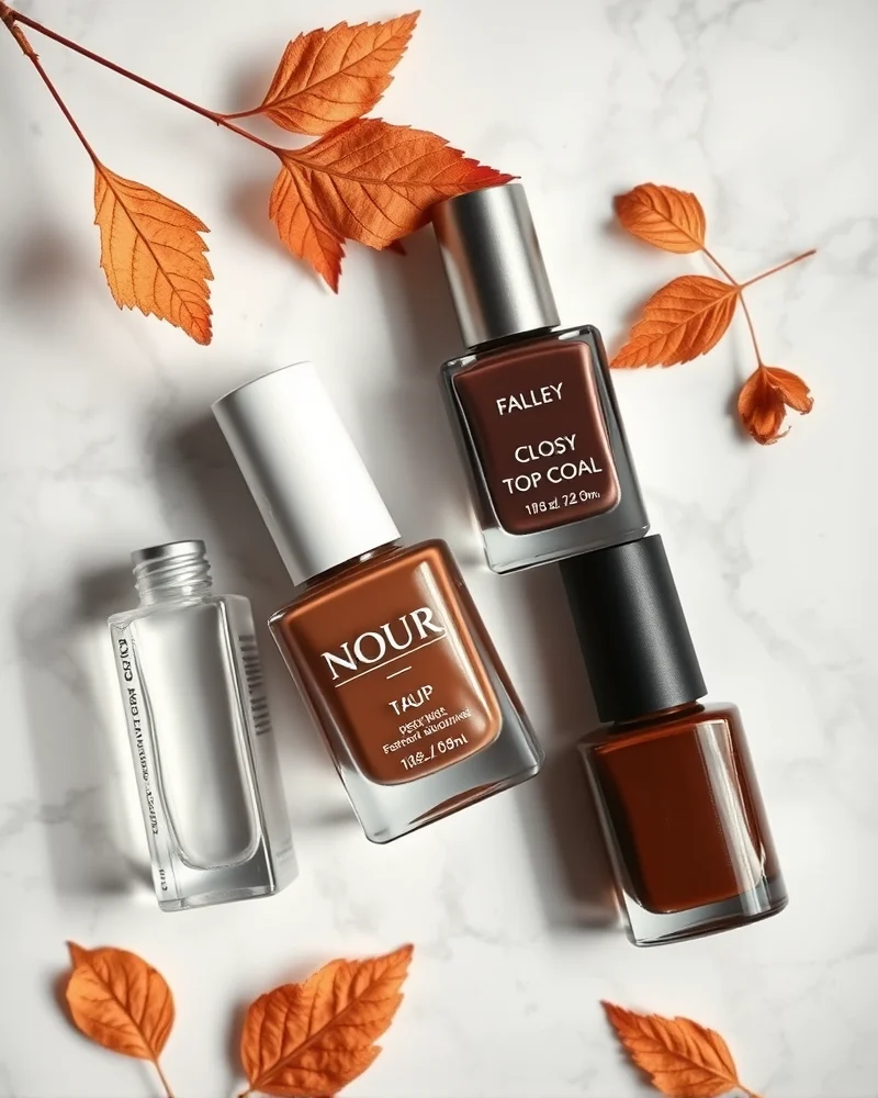 Professional nail care products for long-lasting brown manicure application including base coat and top coats.