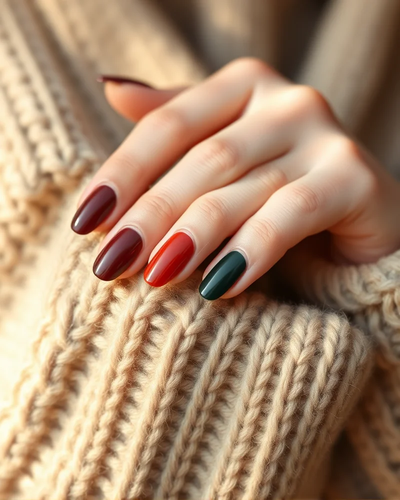 Close-up of fashionable autumn nail shapes including almond, squoval, and stiletto in trending fall colors like espresso and burnt orange, featuring a cozy sweater background for seasonal inspiration.