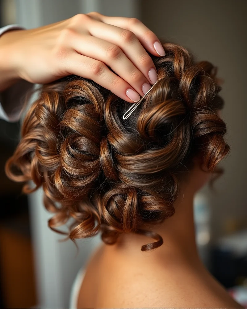Close up of using a hair pick to boost volume at the roots of curly homecoming hair.