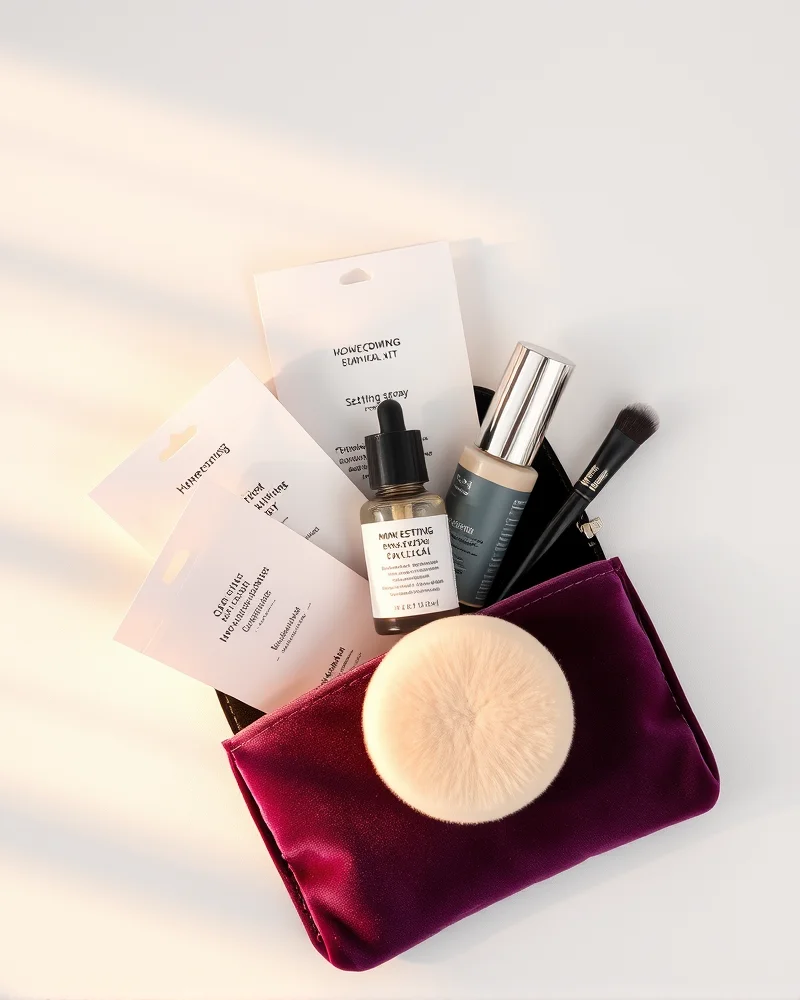 A flat lay of a homecoming makeup survival kit including oil blotting papers and setting spray, designed to help touch up foundation without caking, set against a luxurious background.