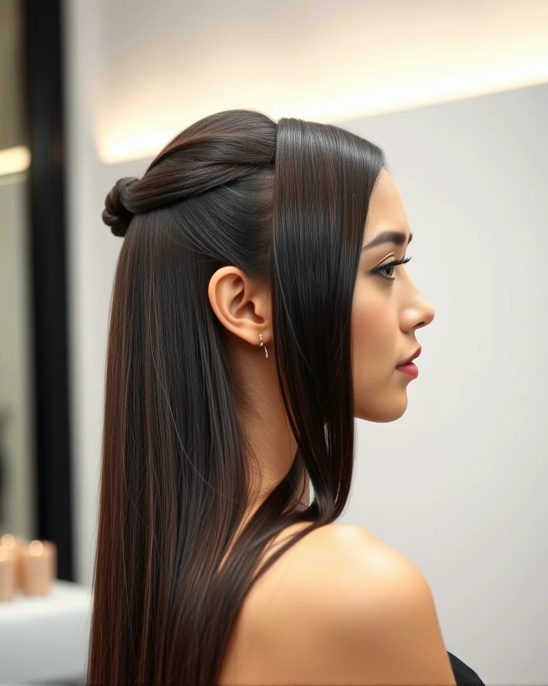 Young woman with sleek, straight, dark brown hair styled in a modern minimalist half up half down. Her hair shines with a high-gloss finish, reflecting the light. The top section is perfectly secured, emphasizing a polished look. This straight hairstyle exemplifies a modern hair aesthetic suitable for a homecoming event, achieved with a flat iron and anti-frizz serum.