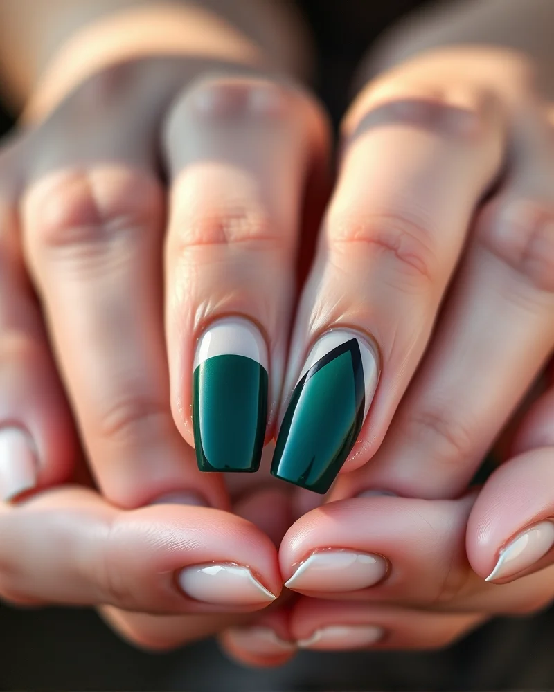 Fall Nails Inspo 2026 7 Negative space manicure with geometric espresso and forest green shapes on a natural nail bed for autumn 2026 inspiration.