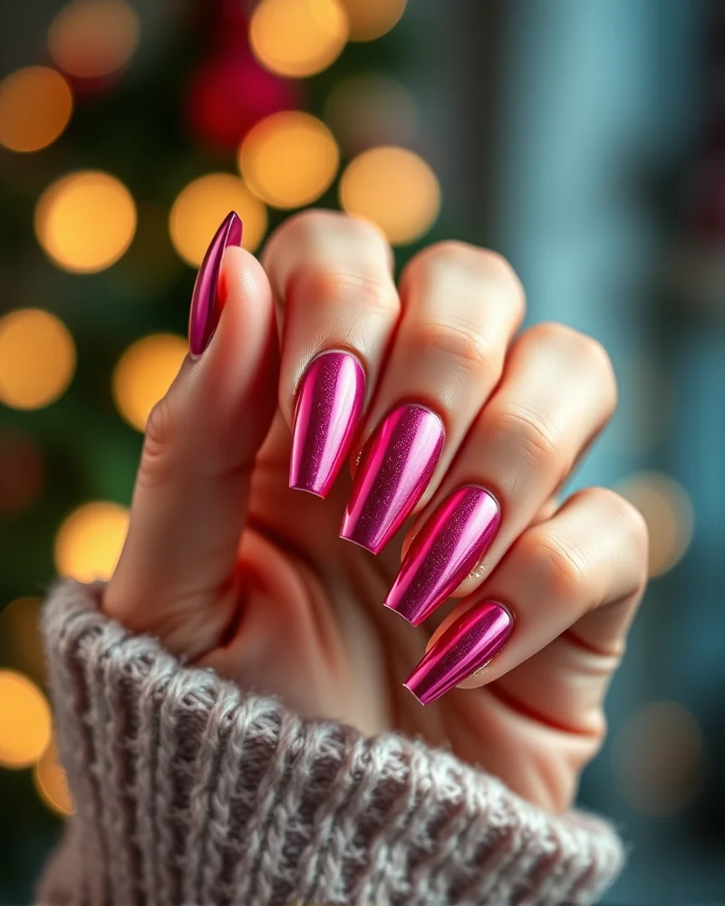 Fall Pink Nails 7 Close up of elegant pink chrome nails with a deep berry base color, showcasing a festive glazed finish for the holiday season.