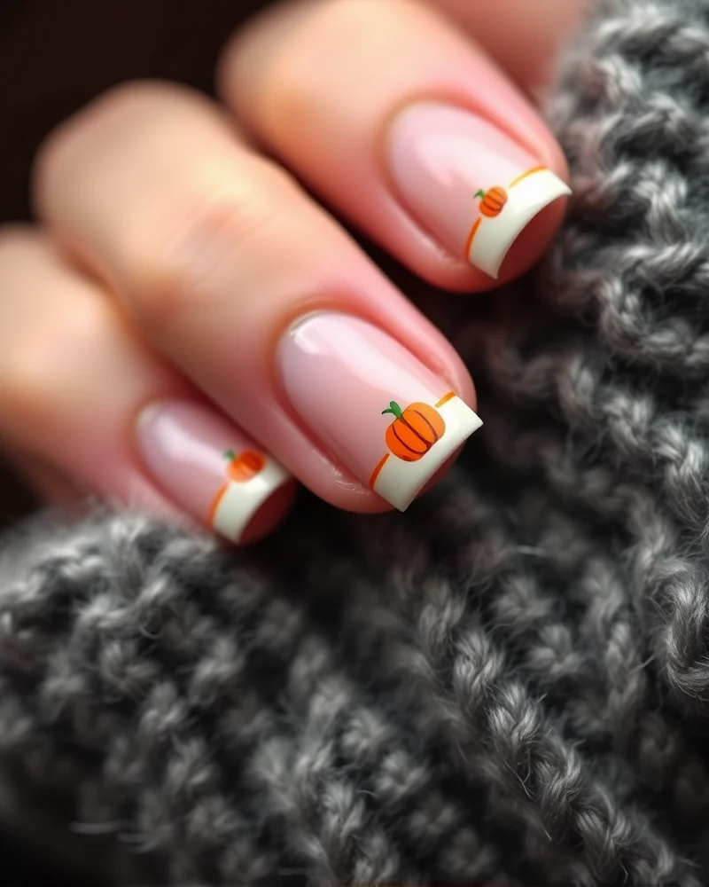 Fall Pumpkin Nail Designs 8 Pumpkin French manicure featuring orange tips and pumpkin micro art on natural nails for a sophisticated fall look.