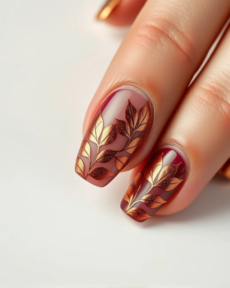 Close-up of fall nail art featuring negative space and geometric autumn leaf designs.