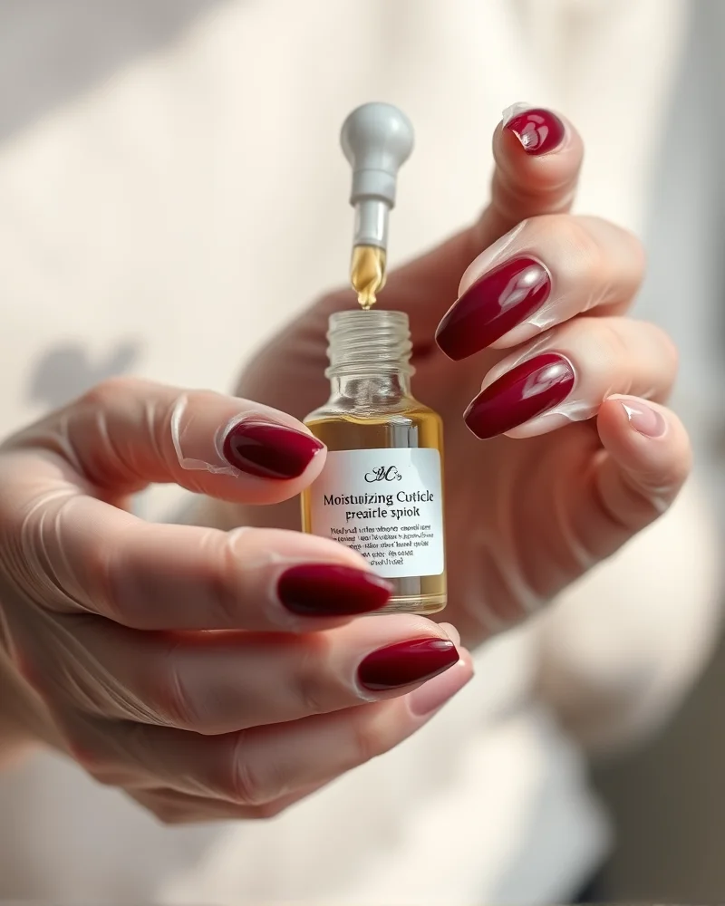 Fall Nails Red Burgundy 8 Close up of healthy nails with deep burgundy polish, focusing on cuticle oil application and nail maintenance.