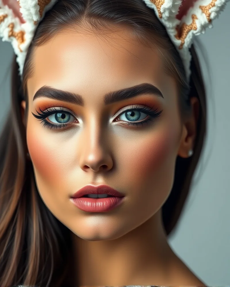 Professional bunny makeup look featuring precise whisker lines and soft pink pigment.