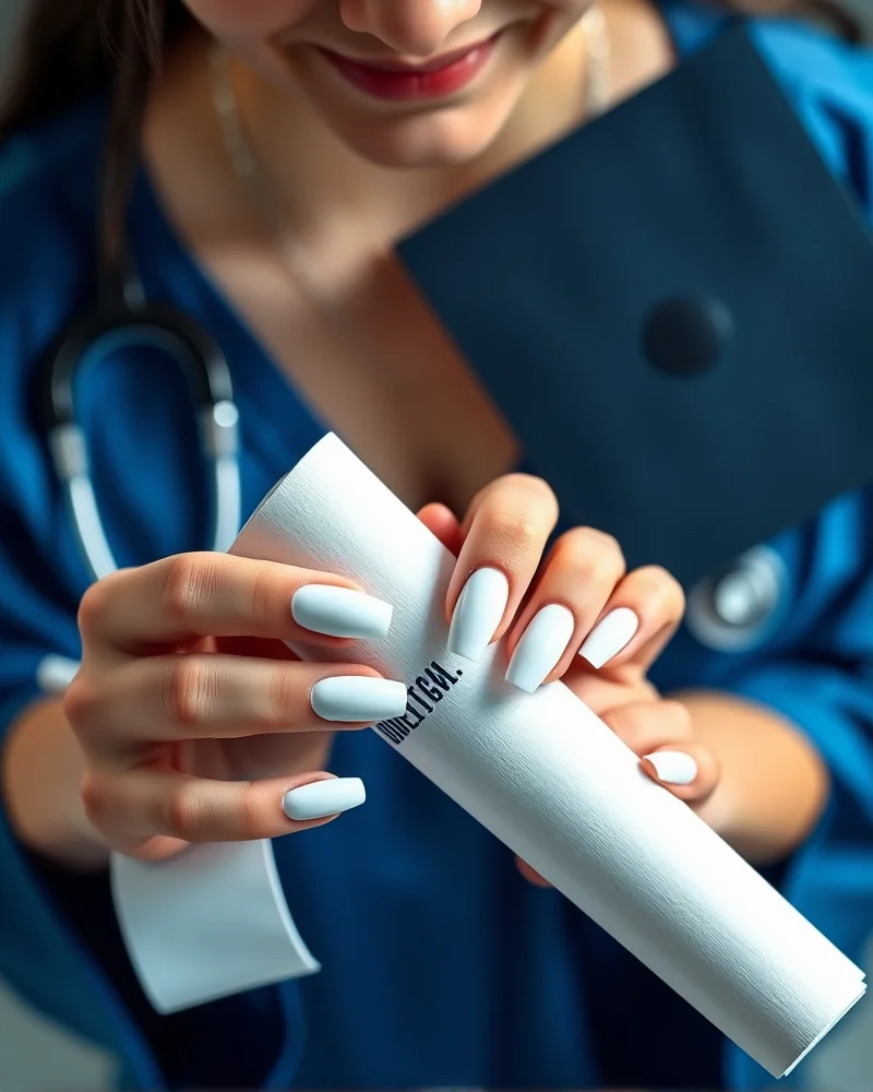 Close-up view of pristine white gel nails on a nursing graduate holding a diploma and stethoscope to showcase durability and elegant finish for graduation day.