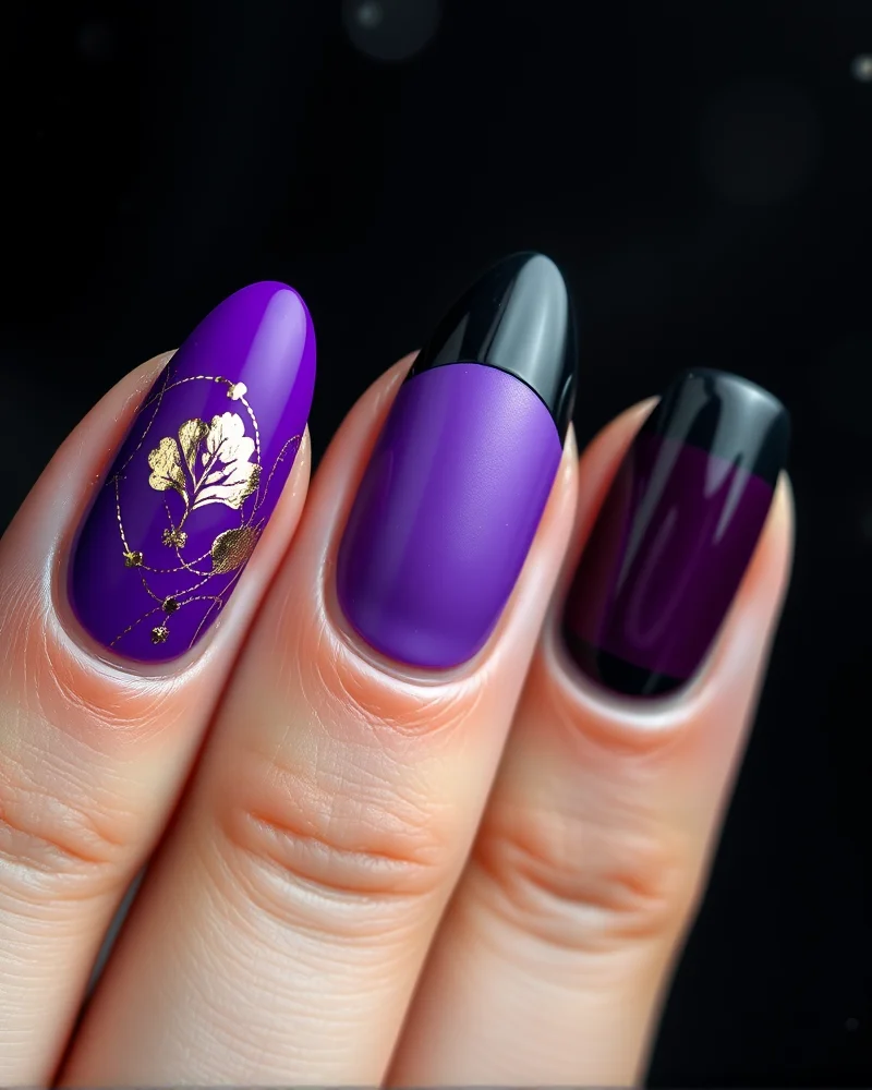 royal purple nails for winter gala 5 Close up of three winter gala manicure styles featuring royal purple polish with gold leaf accents, matte and glossy French tip combination, and a seamless purple to black color gradient.