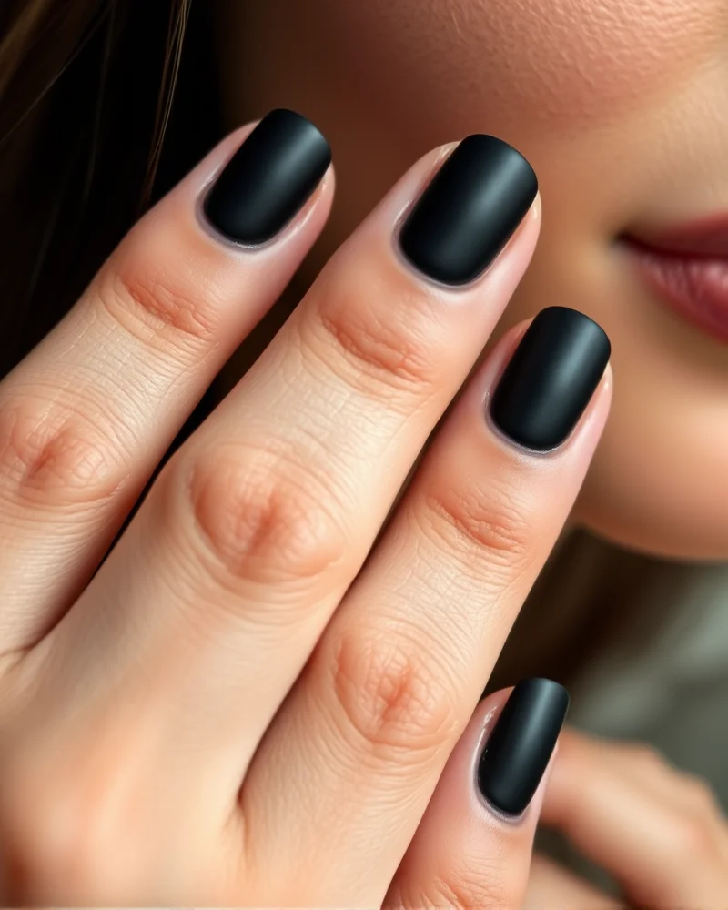 Close up of matte chalkboard nails with healthy, hydrated cuticles showcasing the capping technique for longevity.