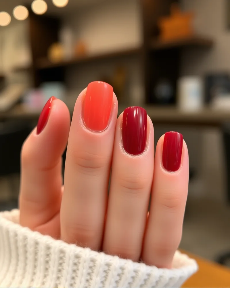 Professional nail transition technique showing a summer coral base being layered with a sheer plum topcoat for a fall 2026 manicure look.