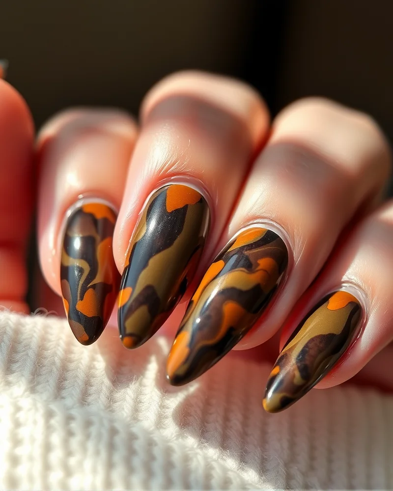 Close up of sophisticated tortoise shell and deep olive marbled nail art for September 2026.