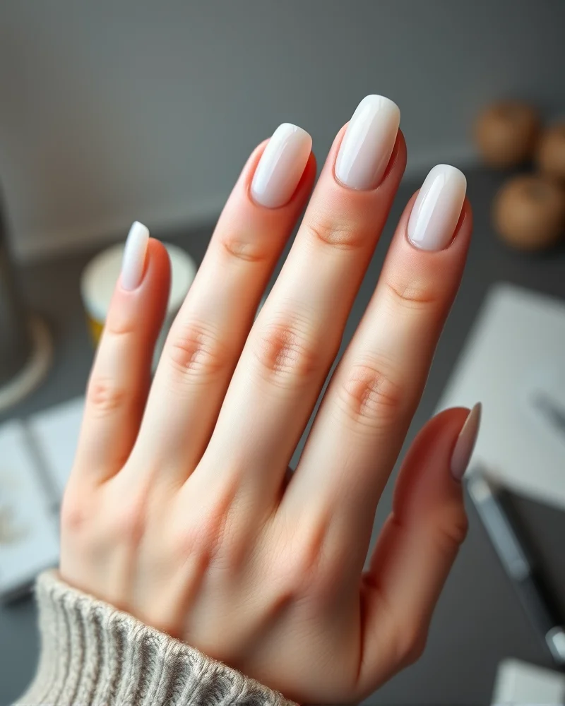 September 2026 Nails 7 Close-up view of a professional manicure featuring a minimalist nude base with a thin, reflective silver chrome micro-French tip for an elegant September 2026 office look.