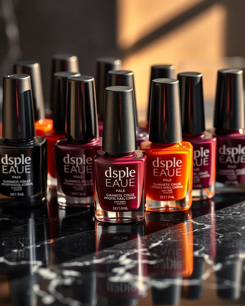 Close up professional nail polish bottles in autumnal shades of deep plum, burnt orange, and espresso brown displayed on a luxurious marble background for a September pedicure.