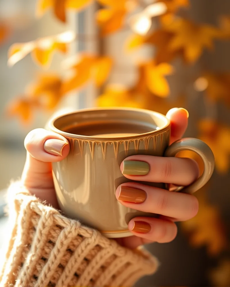 Fall Themed Nails Simple 8 Professional manicured hands with transitional autumn nail colors showing terracotta and sage green shades.