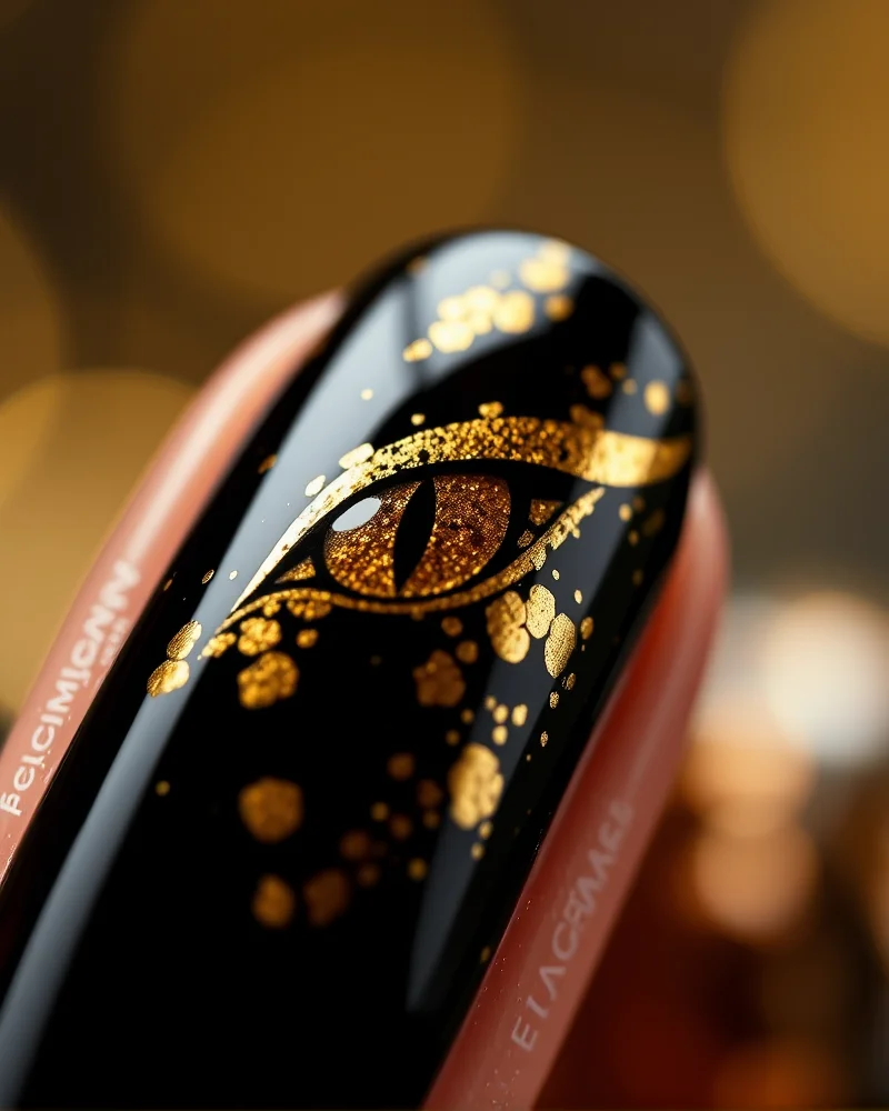 Fall Gel Nails 8 Close up view of elegant fall gel nails with magnetic cat eye effect and gold leaf accents on a deep brown base