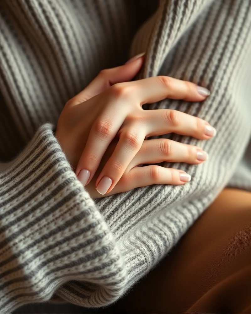 Classy Fall Nails 8 A close up of a woman wearing a beige cashmere sweater with a matte nail polish finish, demonstrating how to coordinate textures for classy fall nails.