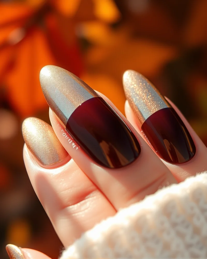Cute Nails for Fall 8 Close up of luxury glazed donut nails with champagne chrome powder over dark brown nail polish for an autumnal manicure style.