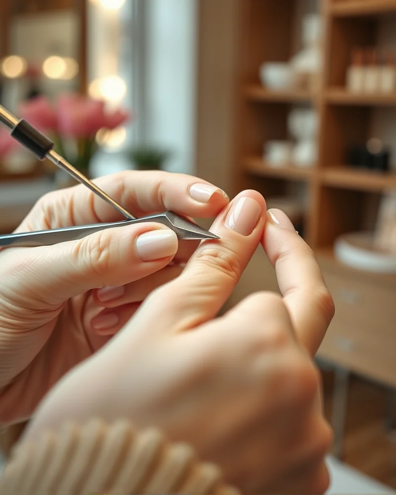 Professional nail technician shaping almond nails to avoid over-filing stress points.