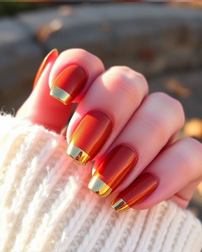 Close-up of a sophisticated fall-themed aura french tip manicure with metallic gold detailing.