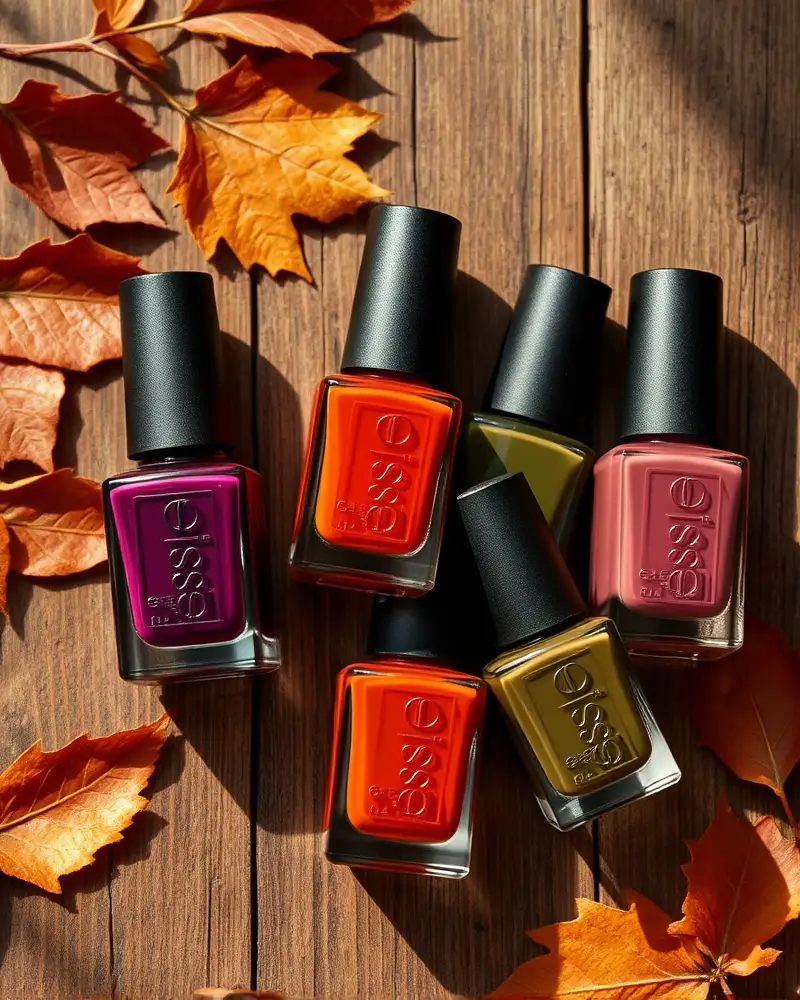 Early September Nails 8 A selection of fall nail polish colors featuring deep reds, greens, and browns on a table.