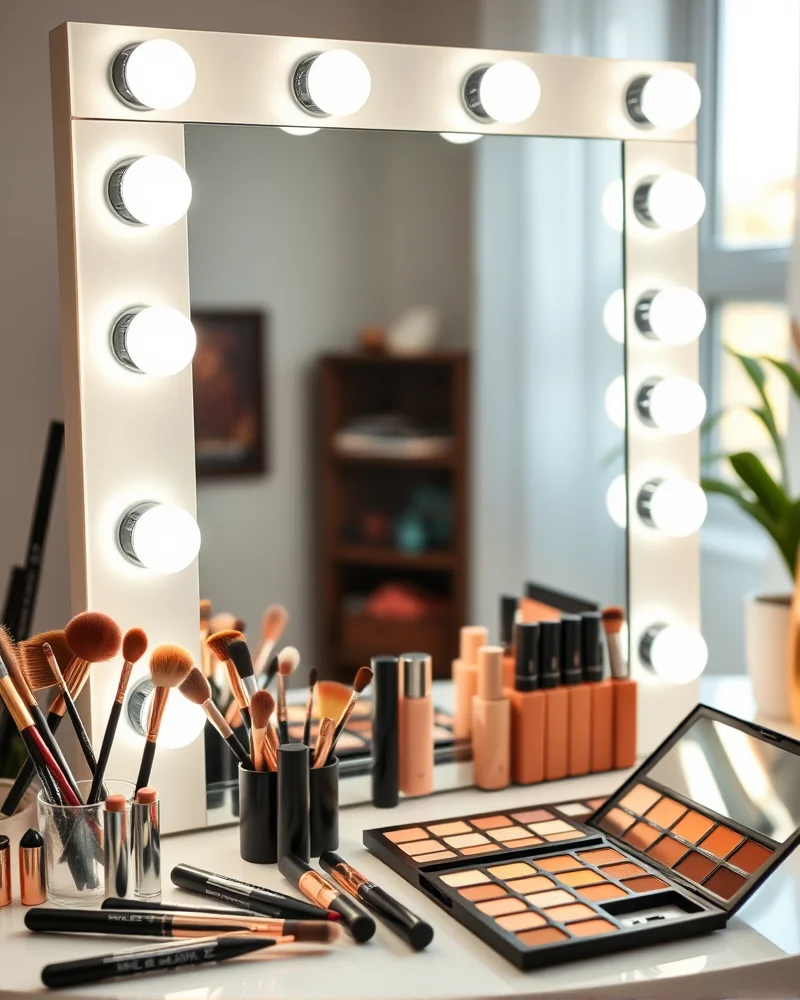 A professional makeup vanity setup used to apply pumpkin spice latte makeup under natural daylight for color accuracy.