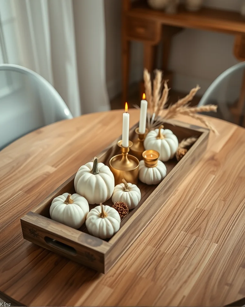 Low profile fall centerpiece on a small dining table with pumpkins and votives for an apartment.