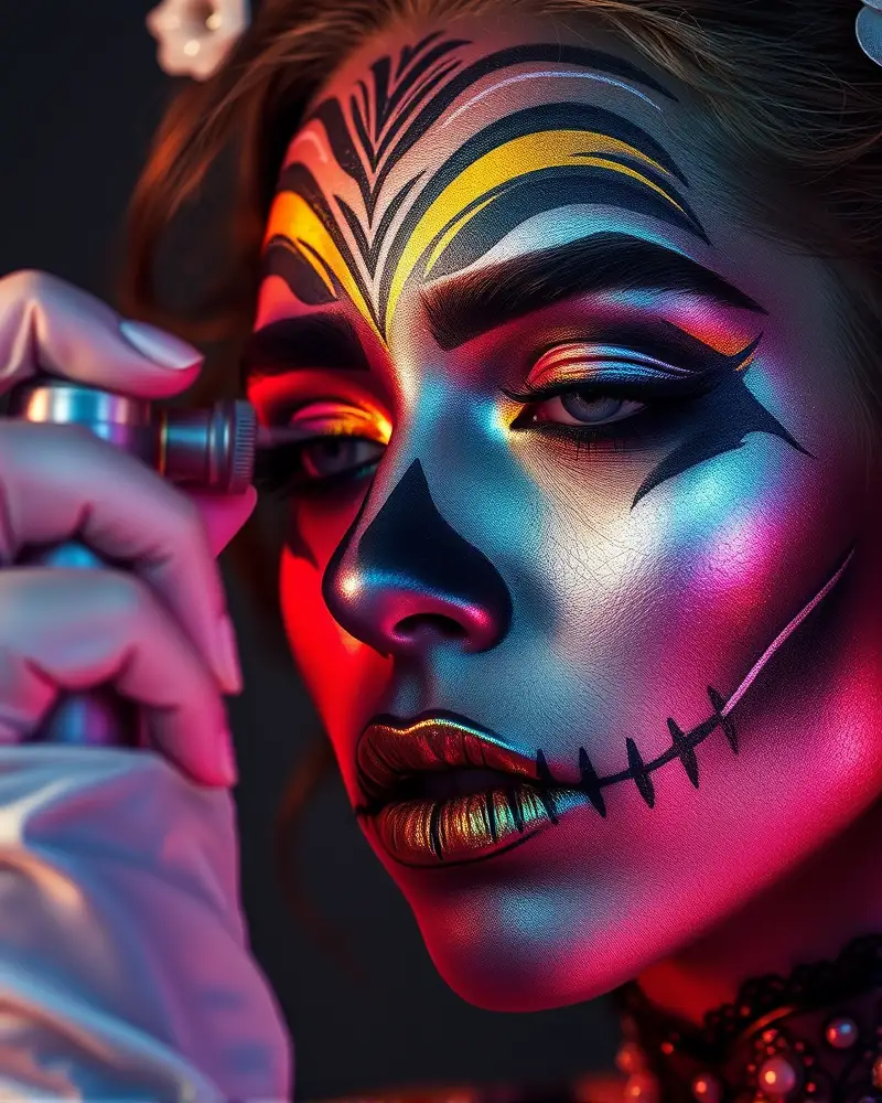 Professional makeup artist applying a high-performance chemical barrier setting spray to an elaborate Halloween costume makeup look to ensure 12-hour longevity and durability.