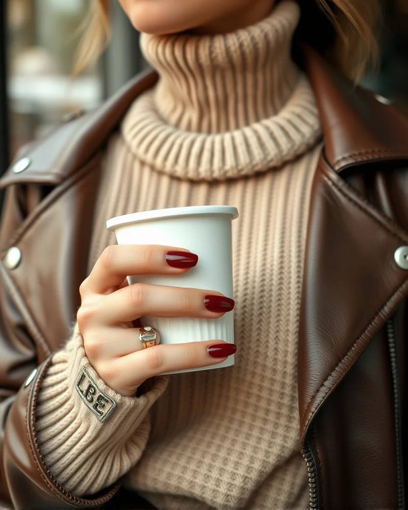 Fall Nails September 9 A fashion-forward manicure in deep oxblood matching a seasonal leather and knitwear ensemble for a stylish September look.