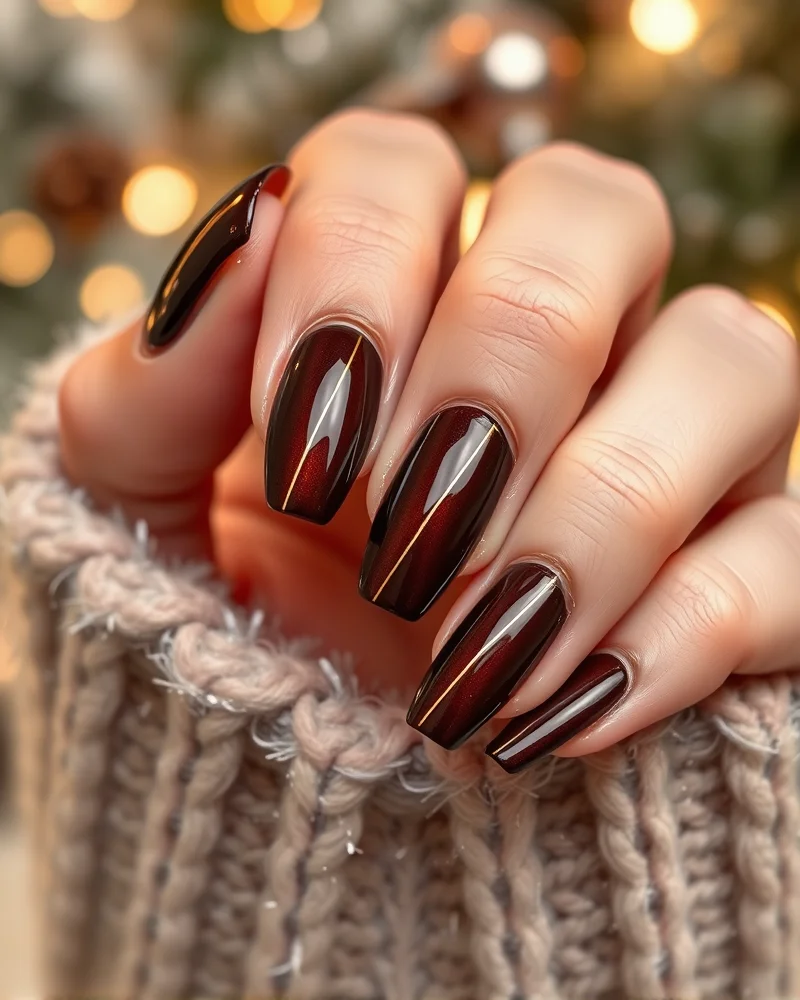 Professional brown nail art transitioning from fall espresso to winter dark noir with metallic gold accents.