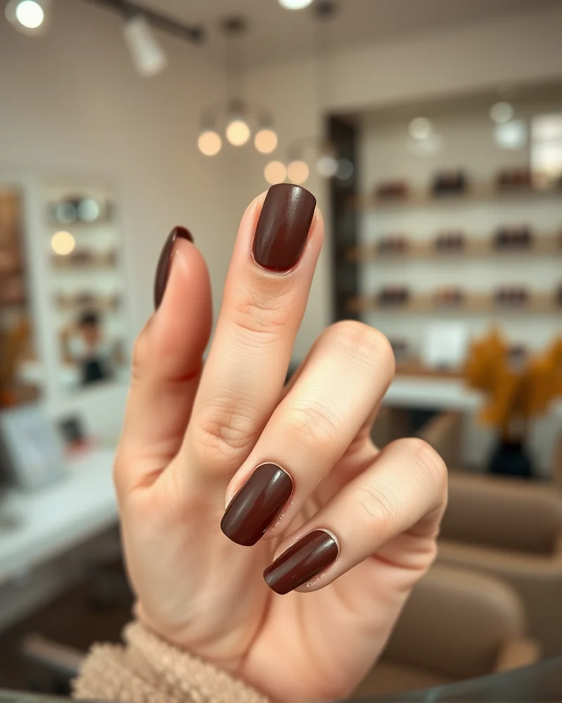 Close up of mixed finish September fall nail art showing matte and glossy brown textures.