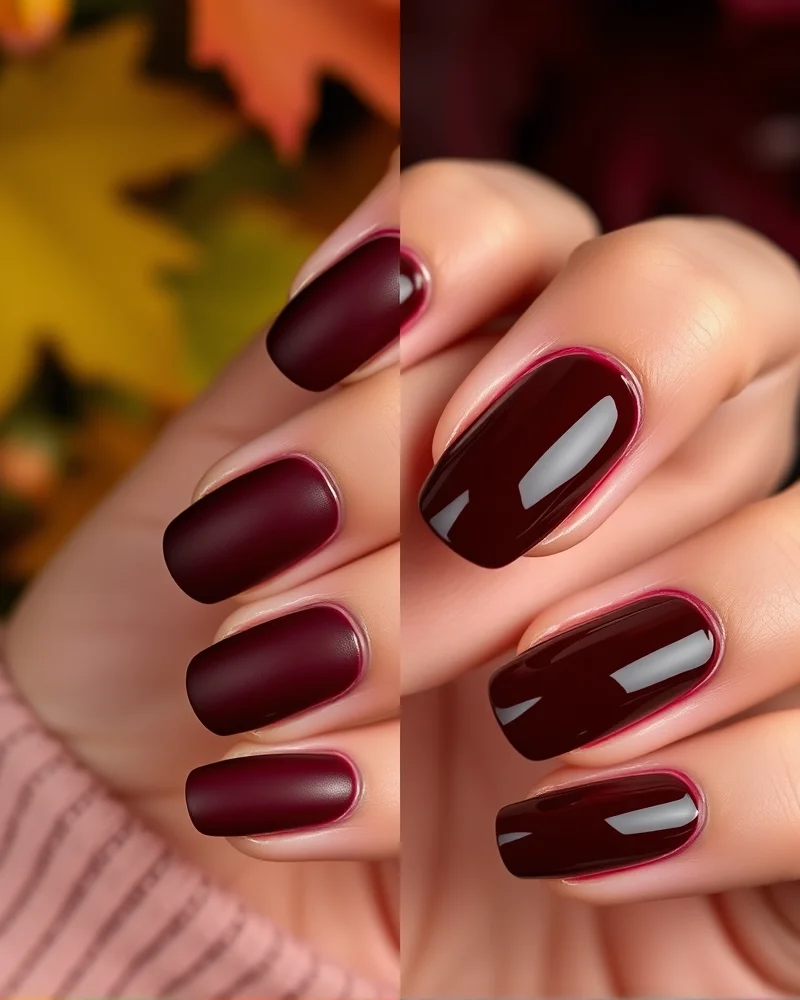 Comparison of matte versus glossy finish on dark burgundy nails
