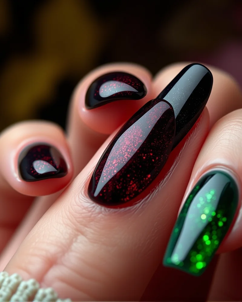 Close up of magnetic cat eye nail designs on various nail shapes including coffin, almond, and stiletto showing the light reflection.