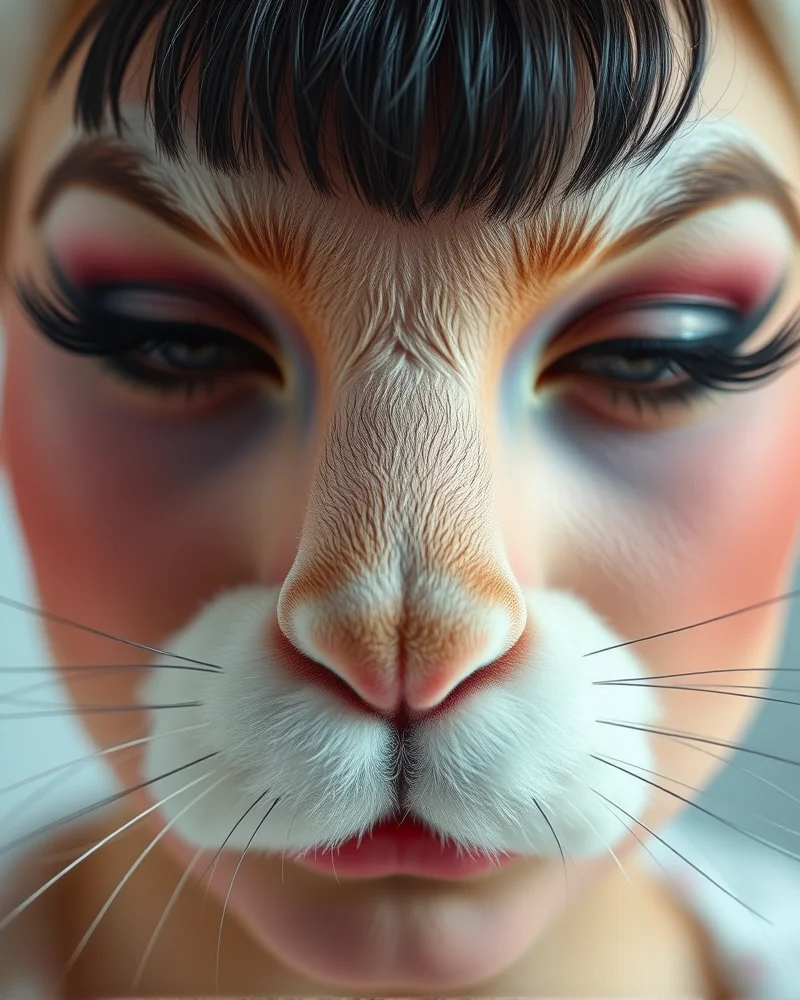 Professional bunny makeup look featuring 3D synthetic lash whiskers and a subtle prosthetic nose for a high-fashion Halloween aesthetic.