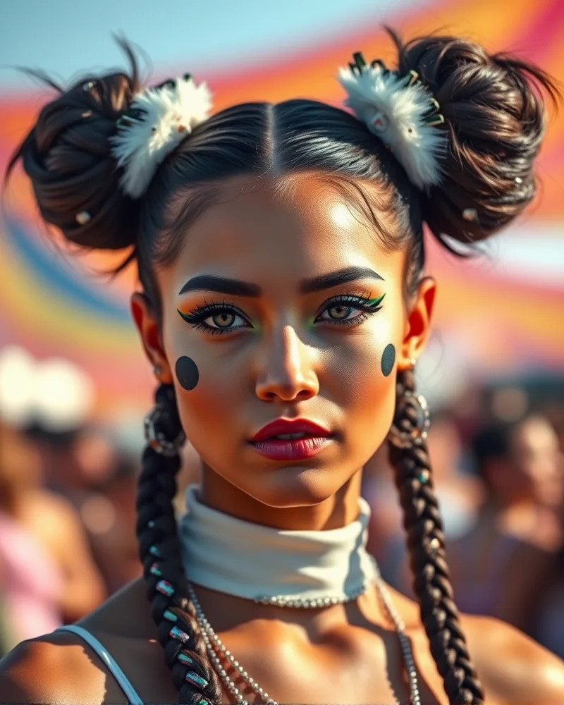 Close up portrait of festival makeup with black and white cow spots, styled with space buns, iridescent braiding, and glowing skin highlights.
